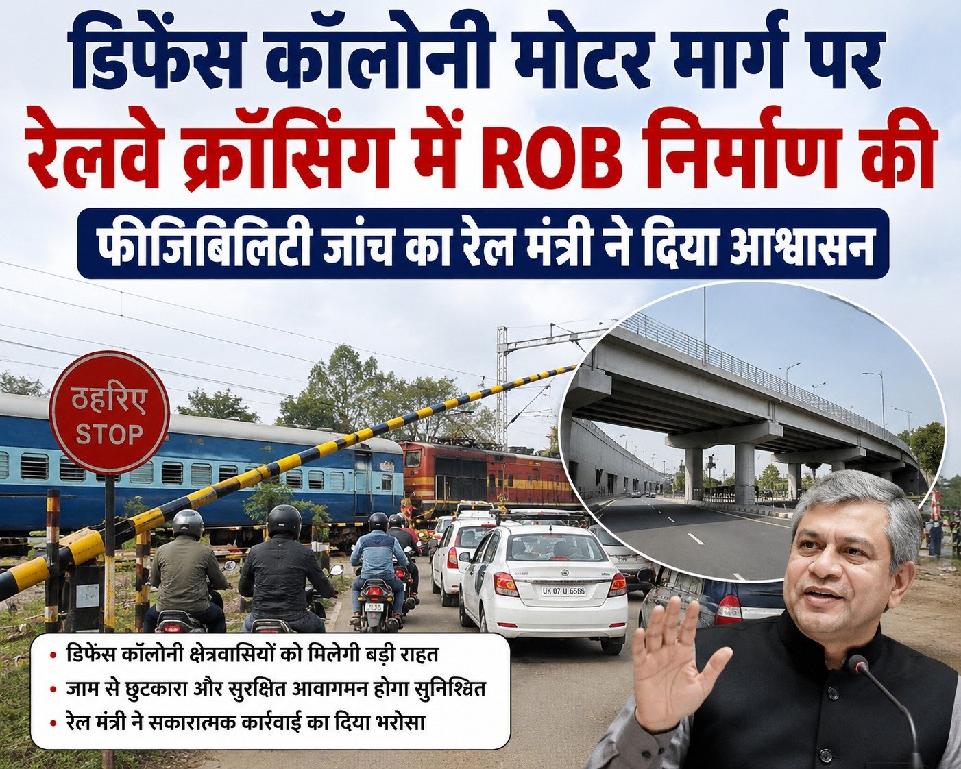 डिफेंस कॉलोनी मोटर मार्ग पर रेलवे क्रॉसिंग में ROB निर्माण की फीजिबिलिटी जांच का रेल मंत्री ने दिया आश्वासन